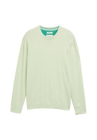 Licht mintgroene lange mouw trui van zachte stof met een ronde halslijn en geribbelde manchetten, met een contrasterende teal kleur aan de binnenkant van de nek.