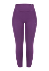 Leggings morados con cintura alta, fabricados en tejido elástico, con un acento de logo en el lateral y una textura suave.