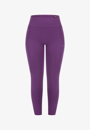 Leggings viola con vita alta, realizzati in tessuto elasticizzato, con un accento di logo sul lato e una texture liscia.