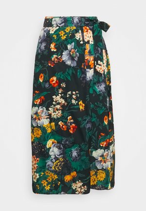 Ciemna spódnica kopertowa w kwiaty w kolorach zielonym, żółtym, pomarańczowym, białym i fioletowym, zawiązywany pasek w talii, długość do kolan.