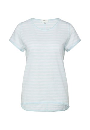 T-shirt z krótkim rękawem w poziome pasy w jasnoniebieskim i białym kolorze, z okrągłym dekoltem i lekko zaokrąglonym dołem, rozmiar 36, metka marki widoczna przy kołnierzu.