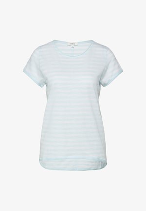 T-shirt à manches courtes rayé horizontal bleu clair et blanc, col rond et ourlet légèrement arrondi, taille 36, étiquette de marque visible au col.