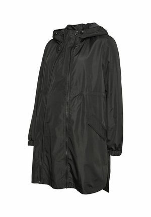 Veste à capuche noire en tissu lisse, munie d'une fermeture éclair sur toute la longueur à l'avant, de poignets élastiqués et de poches latérales.