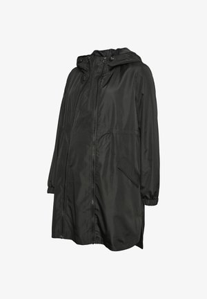 Black hooded jacket made of smooth fabric, featuring a full-length front zipper, elasticized cuffs, and side pockets.