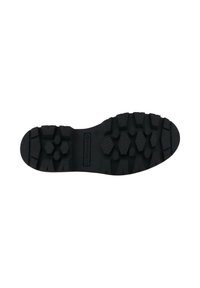 Suola di scarpa in gomma nera con profonde scanalature di trazione e motivi esagonali. Design della punta arrotondata con logo centrale del marchio. Superficie testurizzata.
