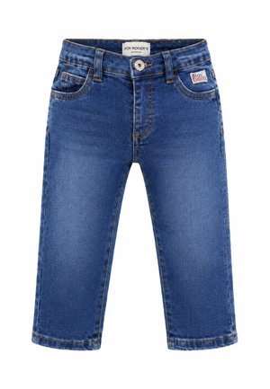 Jeans da bambino in denim blu con bottone frontale, passanti per cintura e etichetta del marchio sulla tasca destra e all'interno del girovita.