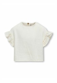 Biała bluzka z krótkim rękawem, z falbankowymi rękawami i teksturowanym materiałem. Posiada okrągły dekolt oraz detal w postaci małego guzika z tyłu.