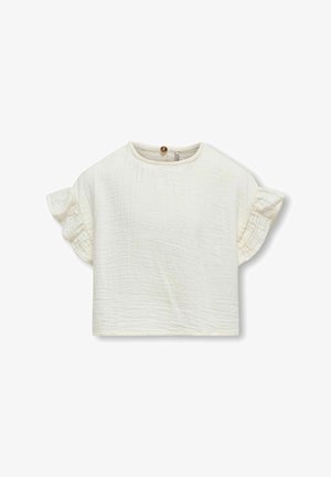 Biała bluzka z krótkim rękawem, z falbankowymi rękawami i teksturowanym materiałem. Posiada okrągły dekolt oraz detal w postaci małego guzika z tyłu.