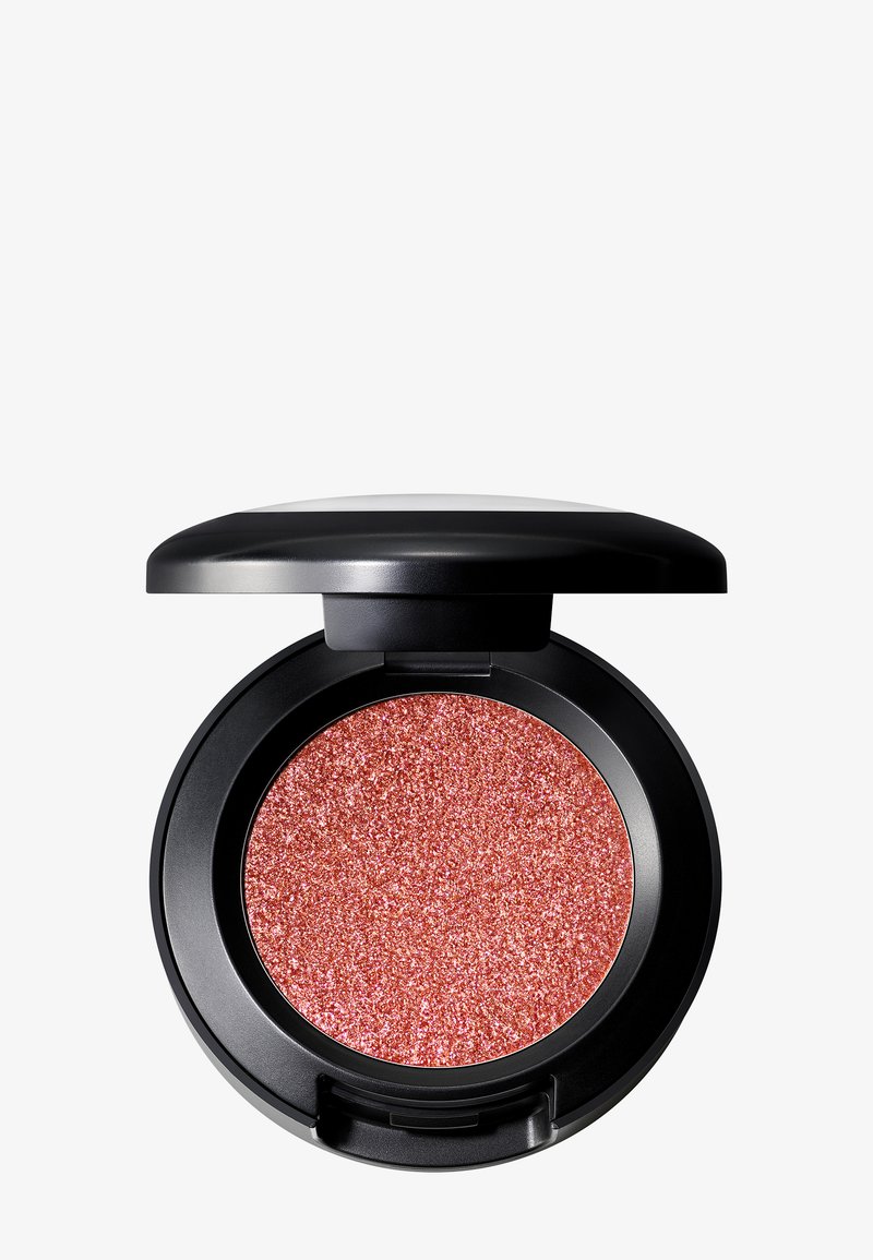 Compact eyeshadow with a glossy black case; features a sparkling pink color and fine glitter texture in a circular pan.