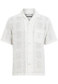 Kortærmet skjorte med knaplukning i hvid, med et struktureret mønster af blonde og en enkelt brystlomme. Letvægtsstof.