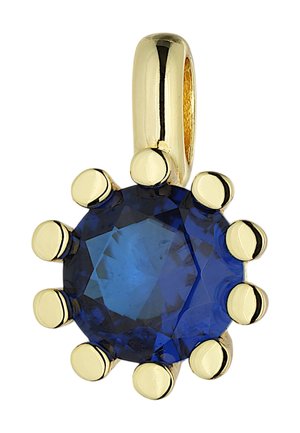 Gold pendant with a round, faceted deep blue gemstone held by eight gold prongs and a polished gold bail for a chain.