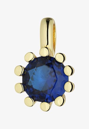 Goldanhänger mit einem runden, facettierten, tiefblauen Edelstein, gehalten von acht goldenen Krappen und einer polierten Goldöse für eine Kette.