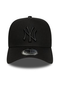 Black baseball cap made of textured fabric featuring an embroidered logo on the front, adjustable strap at the back, and curved visor.