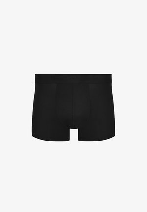 Czarne bokserki męskie z szerokim pasem i profilowanym przednim panelem, przedstawione na białym tle.