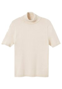 Pull à col roulé à manches courtes de couleur crème avec col, manches et ourlet côtelés, présenté à plat sur un fond blanc.