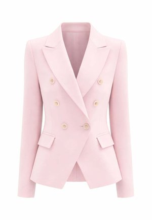 Blazer doppiopetto rosa chiaro con rever a punta, sei bottoni abbinati e tasche con patta, taglio sartoriale, maniche lunghe.