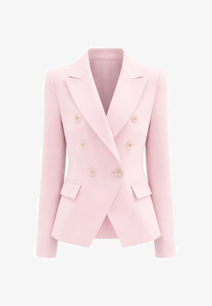 Blazer doppiopetto rosa chiaro con rever a punta, sei bottoni abbinati e tasche con patta, taglio sartoriale, maniche lunghe.
