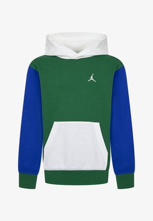 Sudadera con capucha que presenta un cuerpo verde, mangas azules, acentos blancos, un bolsillo frontal y un logo de Jumpman blanco en el pecho.