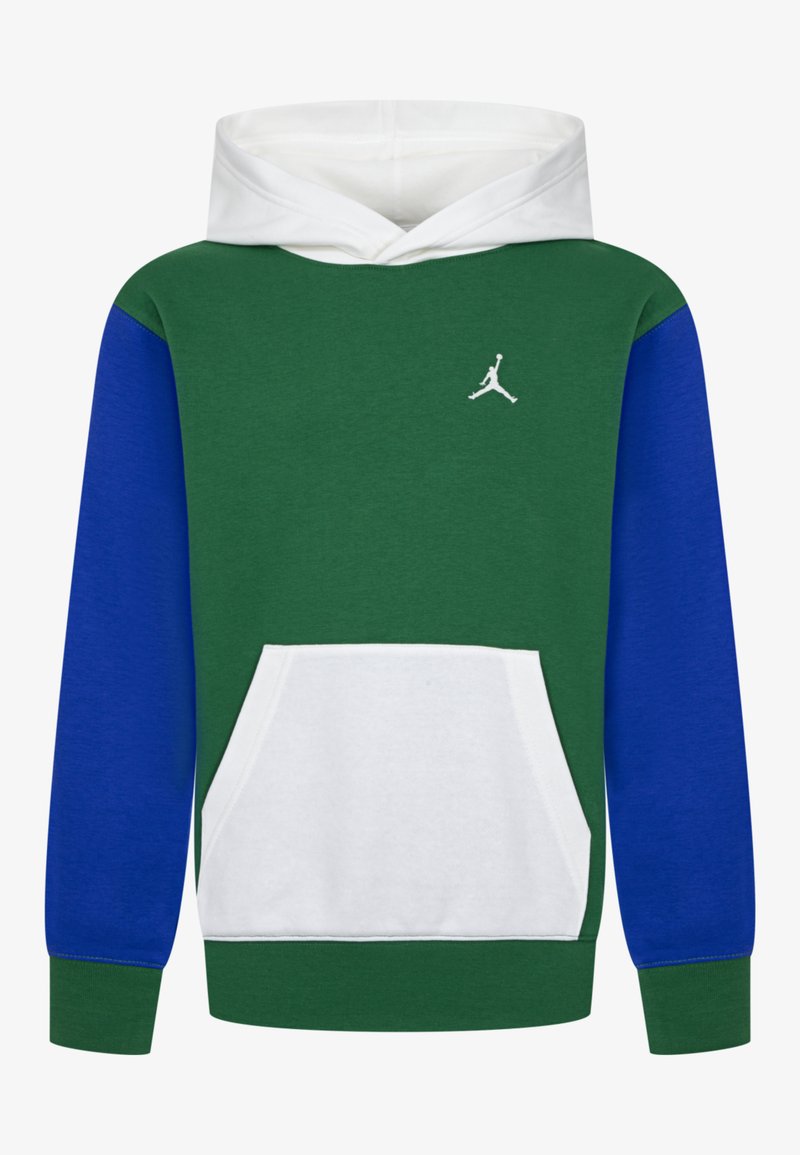 Sudadera con capucha que presenta un cuerpo verde, mangas azules, acentos blancos, un bolsillo frontal y un logo de Jumpman blanco en el pecho.
