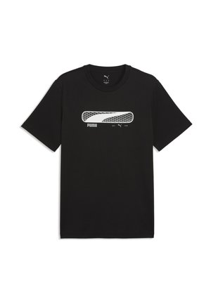 Sort Puma T-shirt med korte ærmer med hvid og grå logo og tekst på brystet, der viser Puma-branding og året 1948.