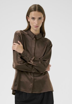 Brown satin long-sleeve shirt with a classic collar, button closure, and a slightly curved hem, styled with loose fit and long sleeves.