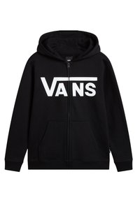 Black zip-up hoodie made of cotton-blend fabric. Features a prominent white "VANS" logo on the front, with kangaroo pockets and a drawstring hood.