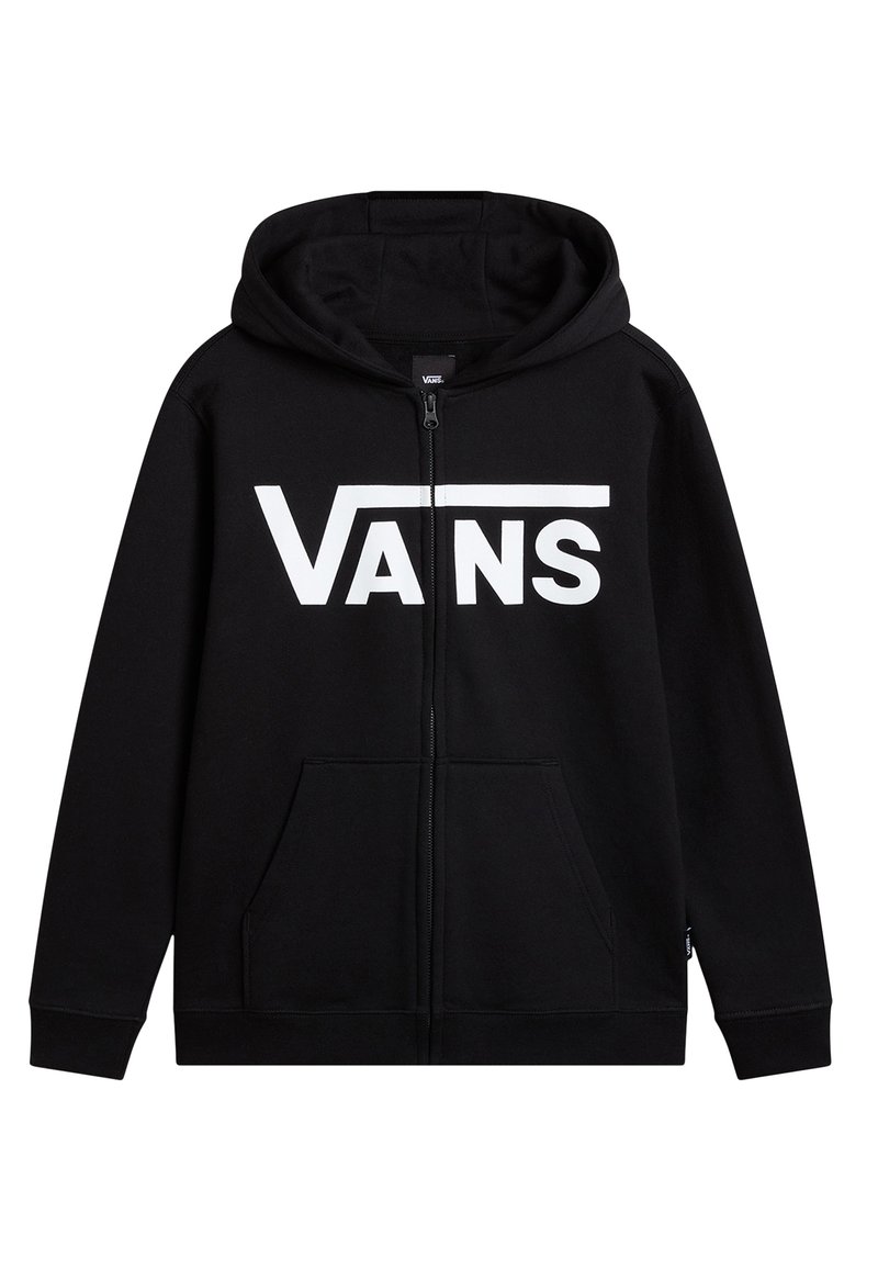Black zip-up hoodie made of cotton-blend fabric. Features a prominent white "VANS" logo on the front, with kangaroo pockets and a drawstring hood.