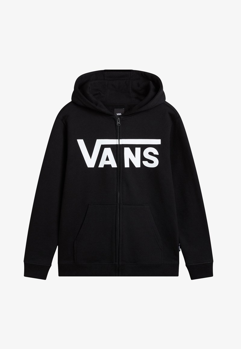 Black zip-up hoodie made of cotton-blend fabric. Features a prominent white "VANS" logo on the front, with kangaroo pockets and a drawstring hood.