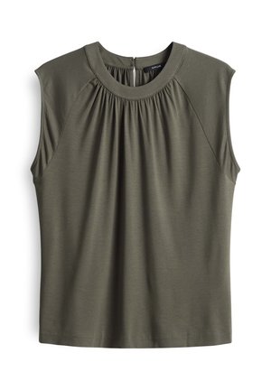 Khaki green sleeveless top with round neck, pinched pleats at the front, and a keyhole button closure at the back. Smooth fabric texture.