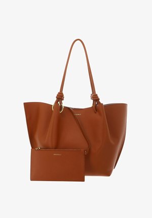 Braune Ledertasche mit langen geknoteten Griffen und passender abnehmbarer Reißverschlusstasche, verziert mit dem Coccinelle-Logo.