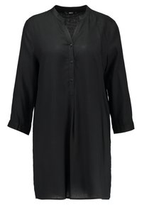 Mustat pitkähihainen tunika, jossa on napitus etuosa, mandariinikaulus ja rento istuvuus. Valmistettu kevyestä kankaasta, jossa on sileä pinta.