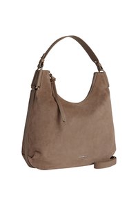 Brązowa torebka z zamszu o zaokrąglonym kształcie, z pojedynczym uchwytem u góry i dekoracyjnym zamkiem, uzupełniona dyskretnym logo.