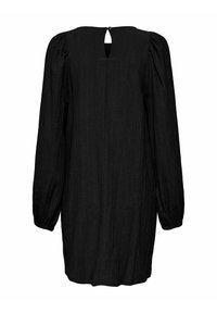 Black, long-sleeve dress with a slightly textured fabric, featuring a keyhole back opening and gathered sleeves for a relaxed fit.