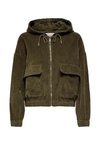 Olivgrön kordjaket med dragkedja framtill, huva och två framfickor. Har elastiska ärmslut och midjeband, samt ett texturerat ribbat mönster.