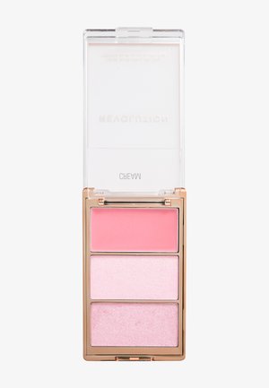 Rechthoekige make-uppalet met drie tinten roze crèmeblush of oogschaduw, in een goudomrandetui met een doorzichtige scharnierende deksel.