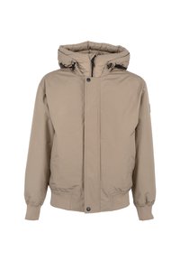Beżowa kurtka puchowa z zamkiem z przodu, kapturem, elastycznymi mankietami i bocznymi kieszeniami. Gładki, wodoodporny materiał.