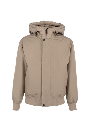 Giacca puffer beige con chiusura frontale a zip, cappuccio, polsini elasticizzati e tasche laterali. Materiale liscio e resistente all'acqua.