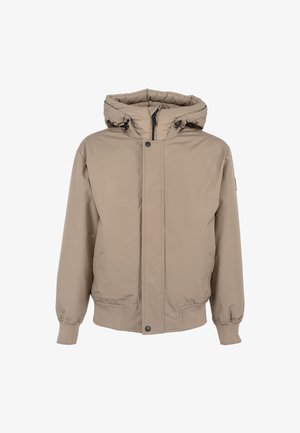 Beżowa kurtka puchowa z zamkiem z przodu, kapturem, elastycznymi mankietami i bocznymi kieszeniami. Gładki, wodoodporny materiał.