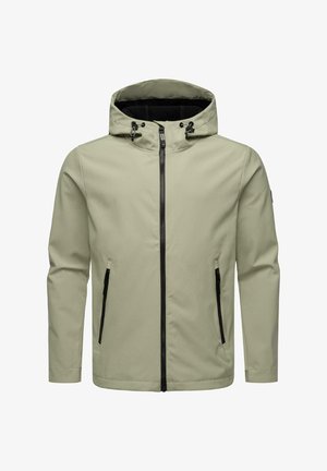 Light green waterproof jacket with a hood, black zipper, and two side pockets. Smooth texture and minimalist design with no visible logos.