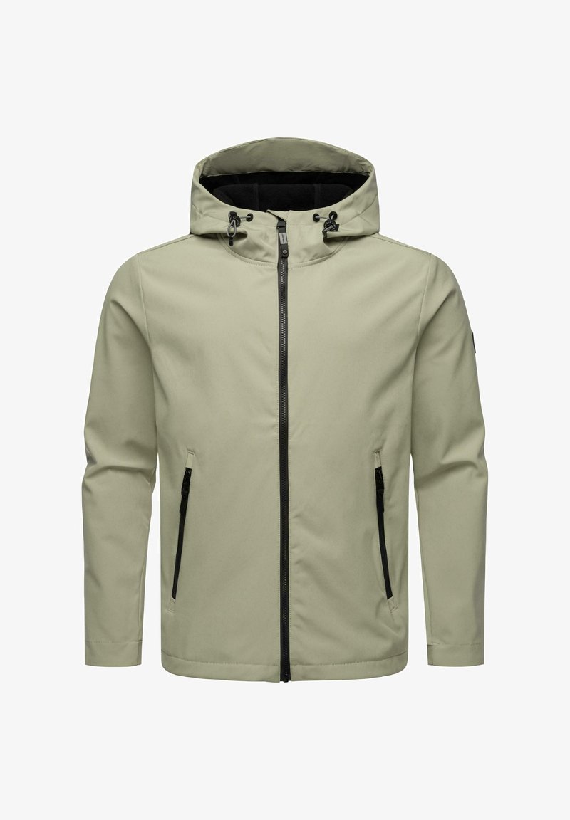 Heled roheline veekindel jakk kapuutsiga, musta tõmblukuga ja kahe küljetaskuga. Sile tekstuur ja minimalistlik disain, ilma nähtavate logodeta.