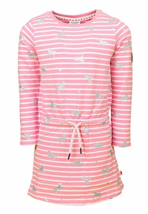 Rosa gestreiftes Kleid mit langen Ärmeln, verziert mit silbernen Pferde- und Sternmustern, elastischer Taille mit Kordelzug und rundem Ausschnitt.