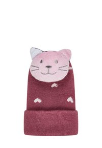 Knit hat in burgundy with a soft pink cat face. Features embroidered eyes, a nose, and white ear accents. Decorated with small white hearts.