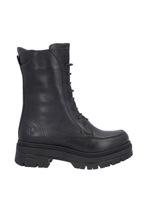 Bota de combate negra de cuero hasta la mitad de la pantorrilla con cordones en la parte delantera, suela gruesa con dibujo y puntera redondeada.