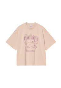 T-shirt oversize beige in cotone. Presenta una grafica viola di un cane e il testo "Carlhartt", con "Detroit, Mich." sotto.