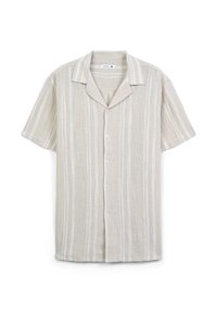 Camicia a maniche corte color beige chiaro con strisce bianche, dotata di colletto a punta e cinque bottoni sulla parte anteriore. Tessuto strutturato.