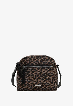 Borsa a tracolla con stampa leopardata in tessuto marrone e nero, dotata di tasca frontale con zip e tracolla nera regolabile. Brand: Tamaris.