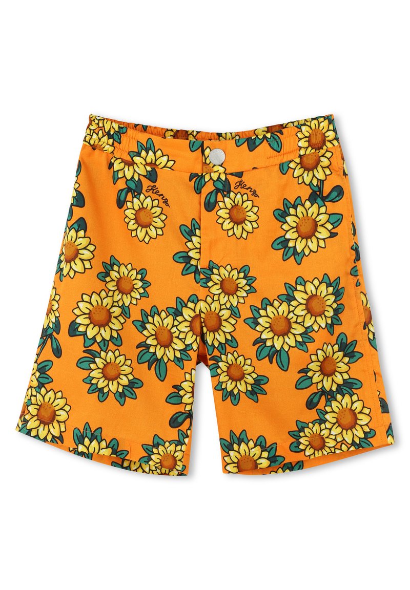 Oranje shorts met een levendig zonnebloem patroon, gemaakt van licht materiaal, met een elastische tailleband en een knoopsluiting.