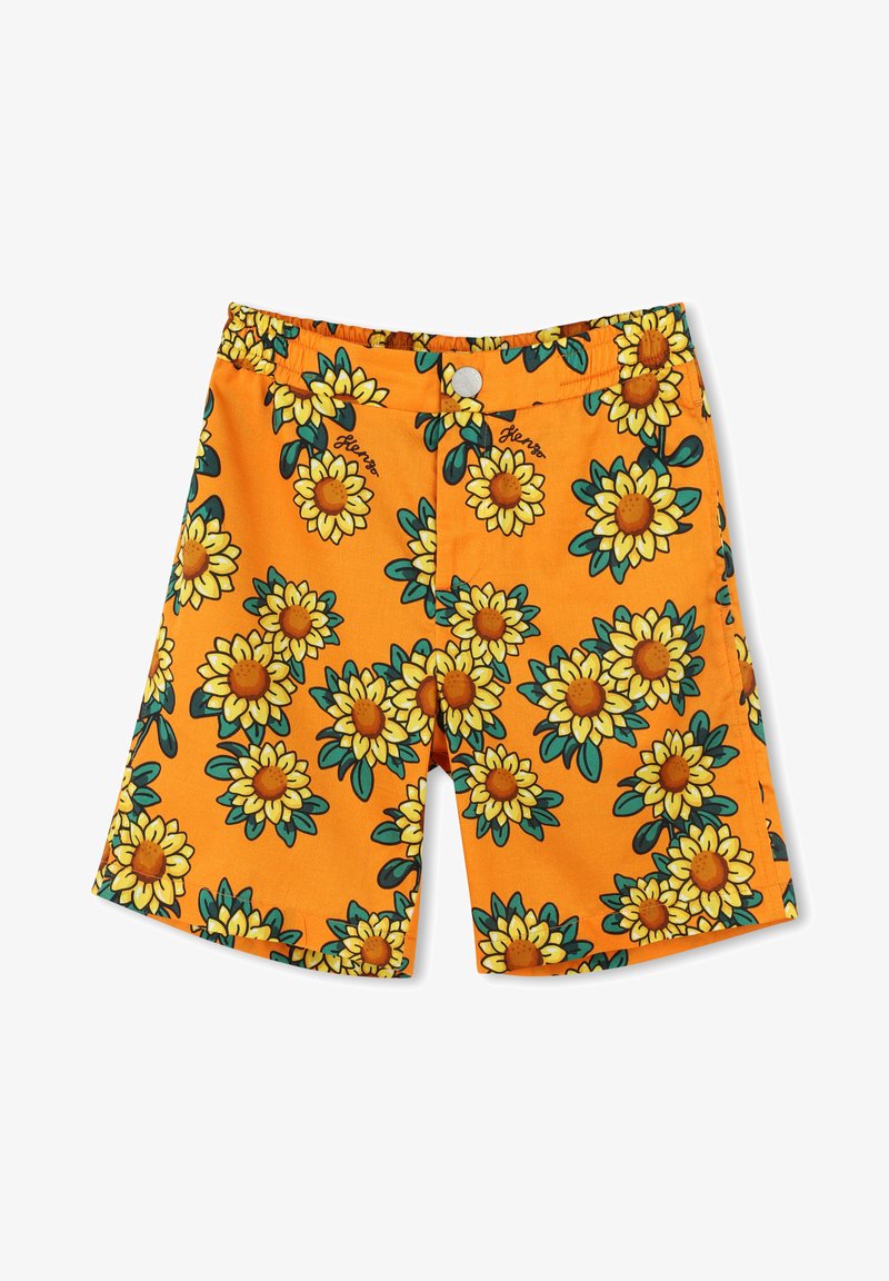 Shorts orange avec un motif de tournesols éclatants, fabriqués en matériau léger, dotés d'une taille élastique et d'une fermeture à bouton.