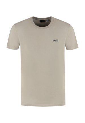 Beige T-shirt made of soft fabric, featuring a crew neckline, short sleeves, and a small dark logo on the upper left side.