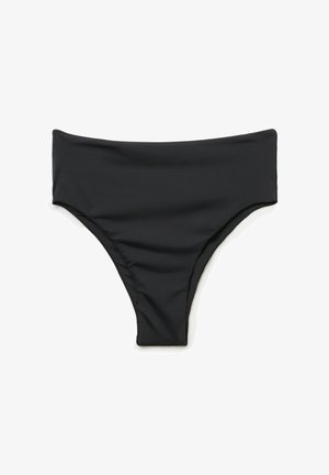Parte inferior de bikini negra de talle alto, hecha de tela suave y elástica, con un diseño minimalista y acabado sin costuras, ofreciendo una cobertura moderada.